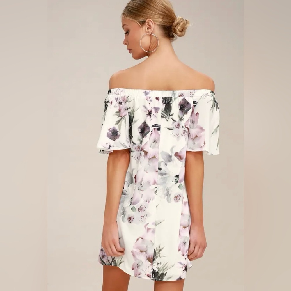 🧁LULUS Dream of U Ivory Floral Print Off-the-Shoulder Shift Dress.P2P-18.5”-19”. - Picture 4 of 7
